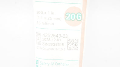 Braun 4252543-02 Introcan Safety IV Cath. 20G x1inch 65mL/min